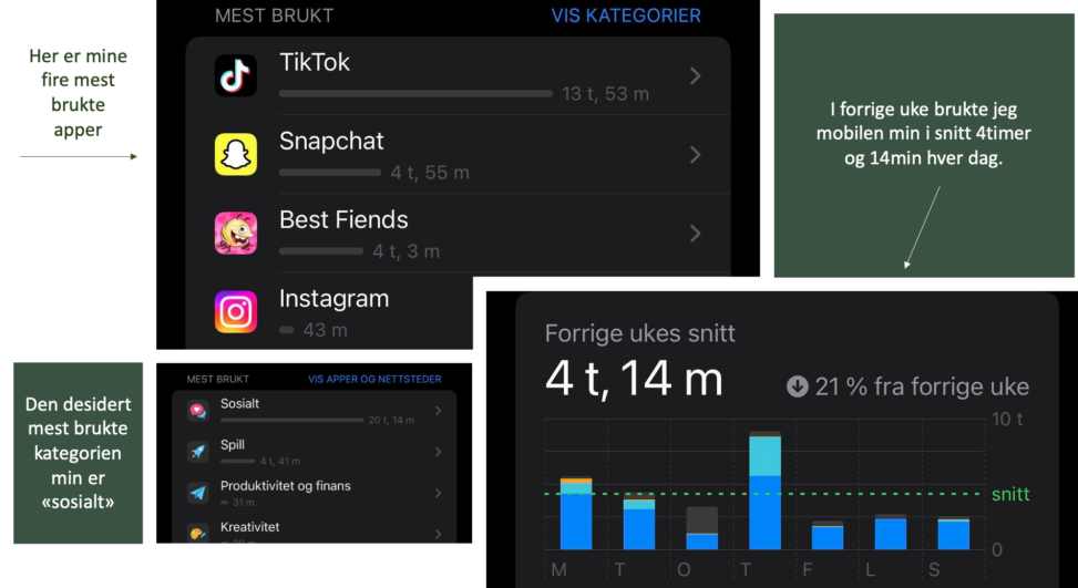 Dette er en visuell representasjon av hva jeg bruker tiden min på når jeg er på mobilen i løpet av en uke