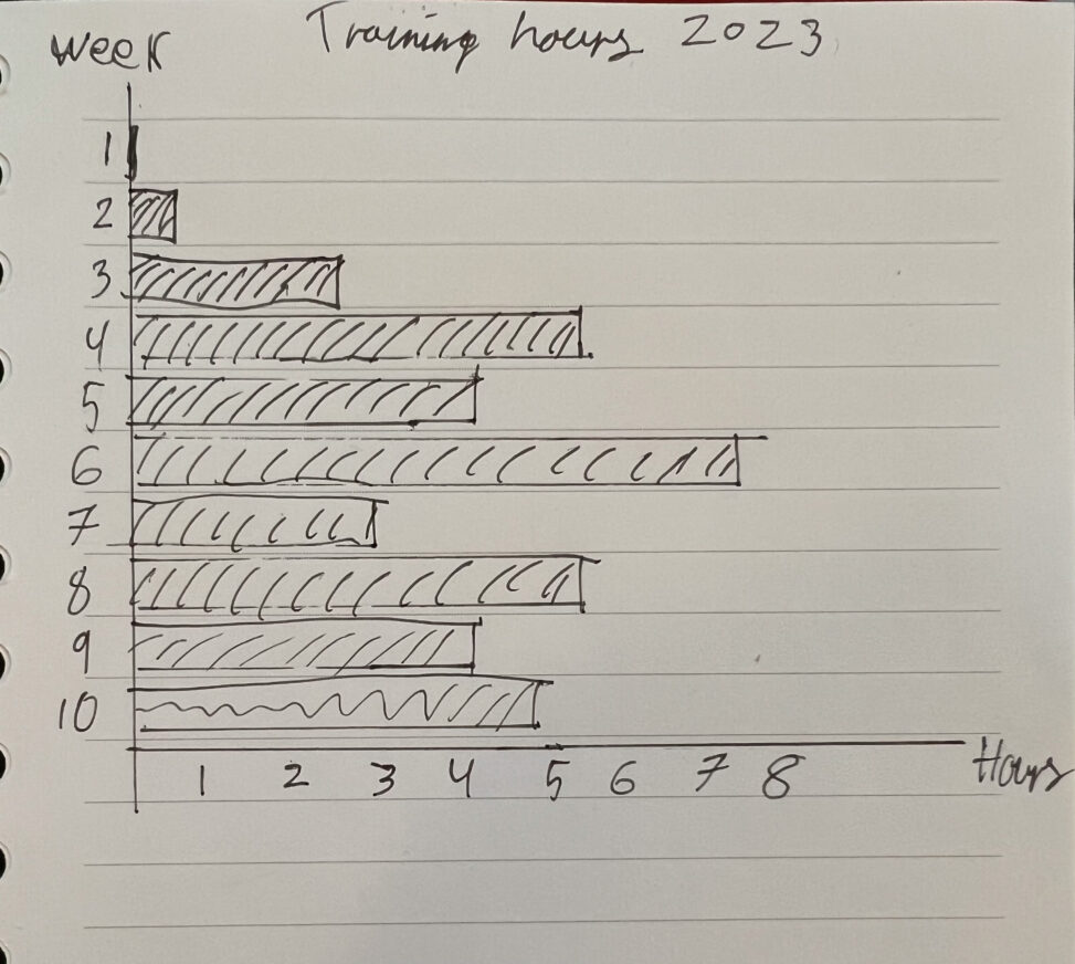 Graph displaying weekly training hours of 2023