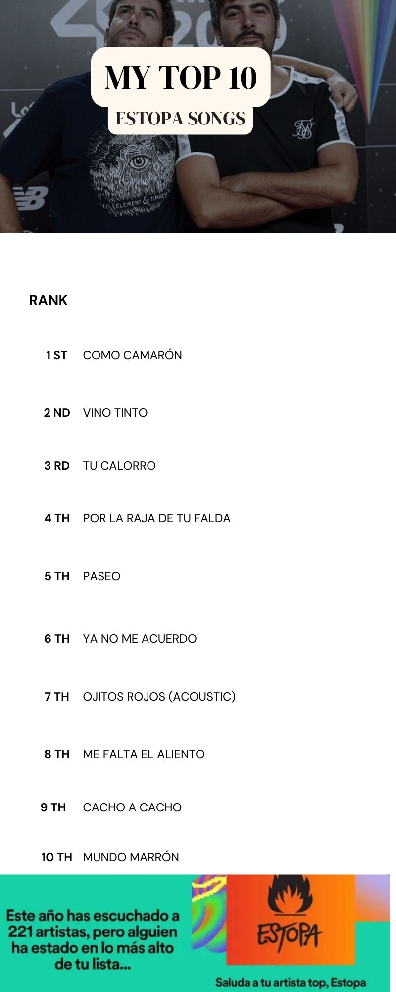 This ranking includes my 10 favourite songs from my favourite group of Spanish music, Estopa.