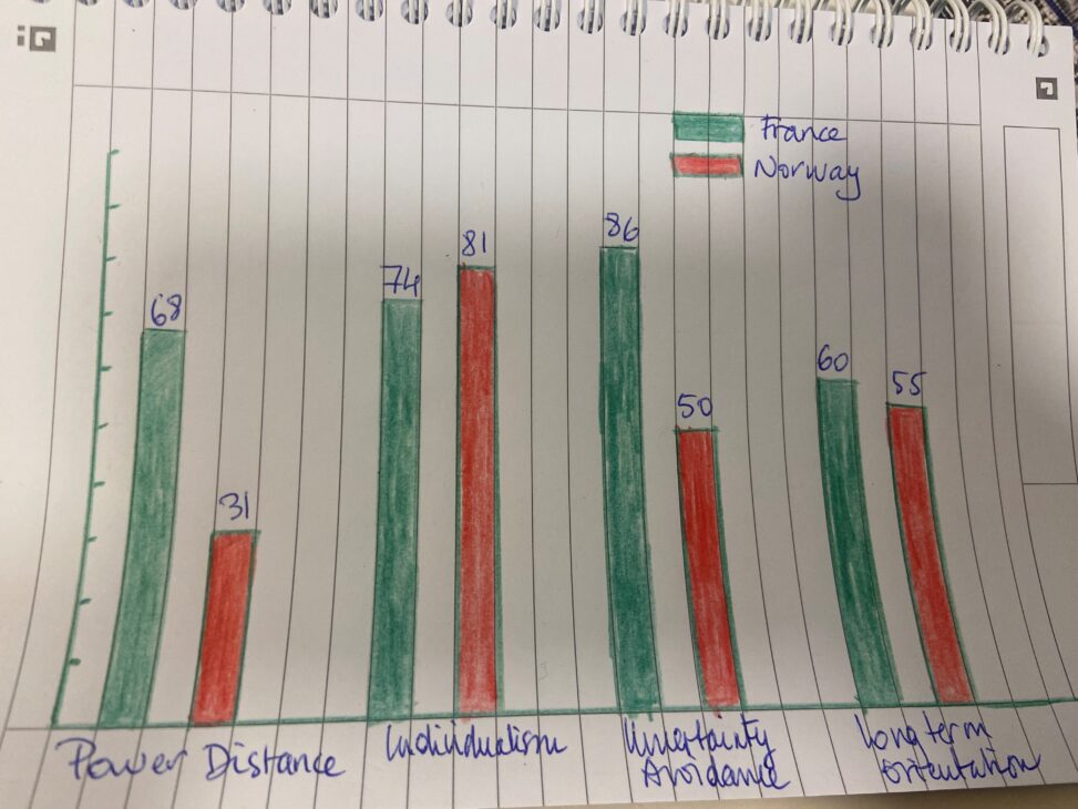 Contrasting the cultural dimensions between France, my country of upbringing, and Norway, the country of my familial roots and present residence