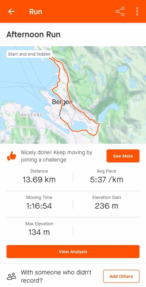 Visualisation of a run through Bergen citysenter, collected from the application Strava