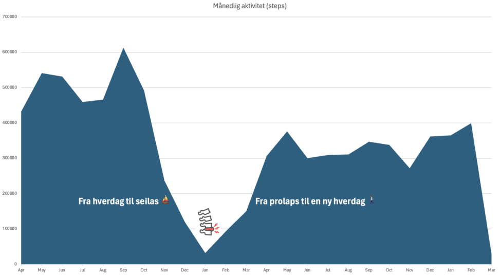 Monthly number of steps. From a normal everyday life, to a month\\\\\\\\\\\\\\\'s holiday at sea, to back prolapse, and the road to a new everyday life.