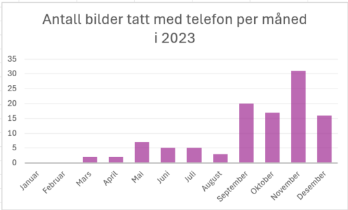 Denne grafen viser antall bilder tatt med telefonen min per måned i 2023. Visualiseringen er laget i Excel.