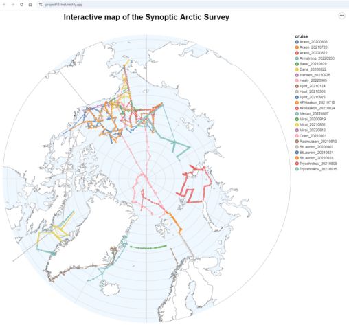 A map of the Arctic Ocean with color-coded tracks of the different scientific cruises that are included in the Synoptic Arctic Survey in 2020-2022