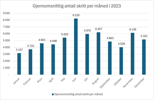 Denne visualiseringen viser gjennomsnittlig antall skritt jeg tok hver måned i 2023. Y-aksen representerer trinn og X-aksen representerer måneder. Visualisert i Excel.