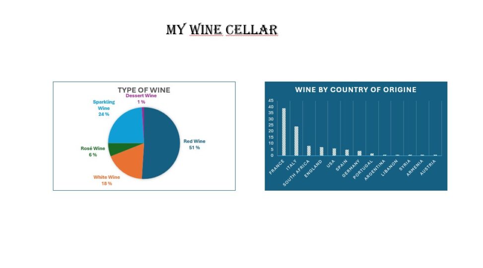 This is my wine collection consisting currently of 100 bottles. The picture shows the % of the different types of wine and the number from each country of origine.