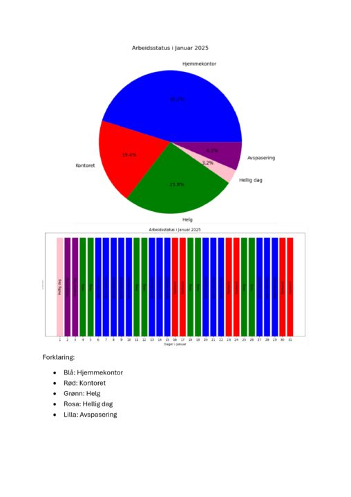 Dette viser oversikt i antall dager for janar 2025 i søylediagram og kakedigram som viser prosent inndeling