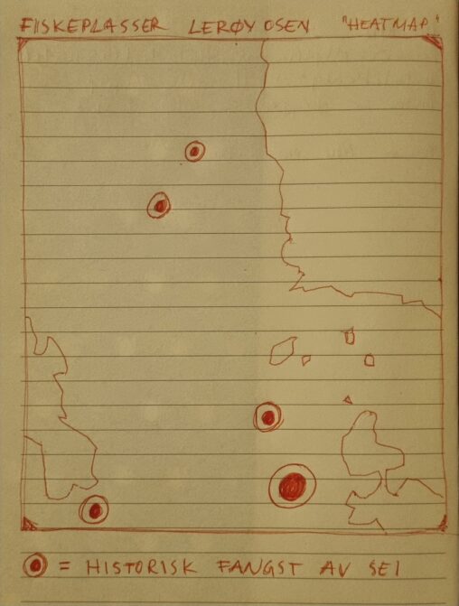 Handdrawn heatmap of good fishingspots nesr Lerøyosen, Norway (Note: based on memory, and with some artistic freedom)