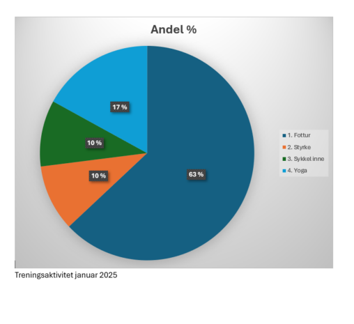 Datavisualisering, kakediagram som viser andeler av ulike treningsaktiviteter utført i januar 2025 i %