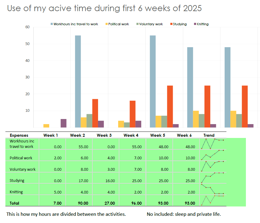 The bar graph representing the first 6 weeks of 2025 and the acivities the person is involved in