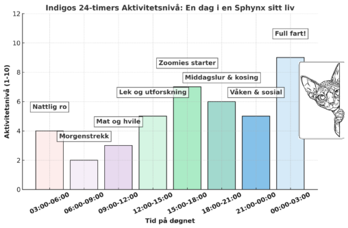 Visualisering av en Sphynx katt sitt aktivitetsnivå gjennom et døgn, illustrert med pastellfargede søyler og en kontur tegning av katten.