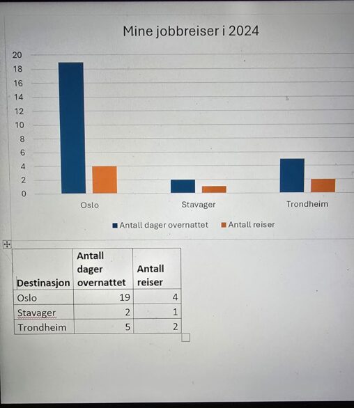 Jobbreisene mine i 2024, var jeg i Oslo 4 ganger og overnattet 19 dager. Stavanger reiste jeg en gang til og overnattet 2 dager. Og Trondheim reiste jeg til 3 ganger og overnattet 5 ganger