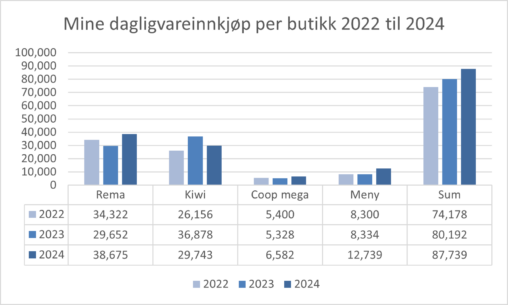 Mine dagligvarekjøp per butikk 2022 til 2024