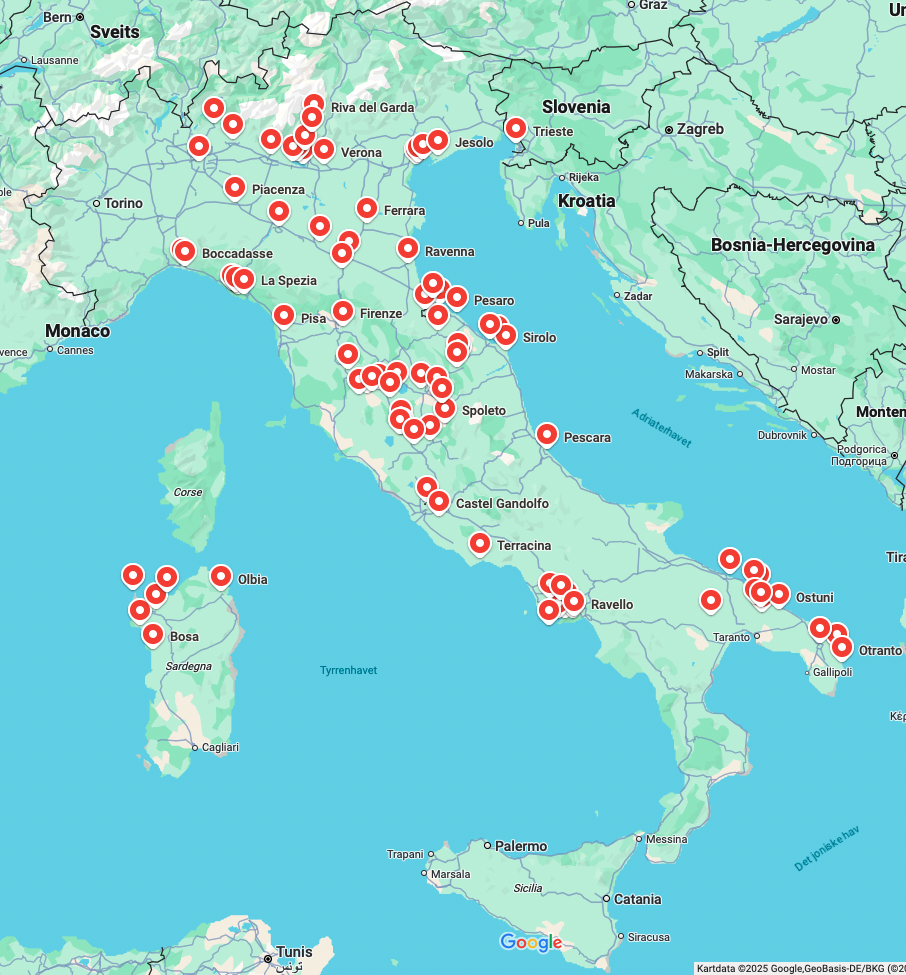 Bildet viser et utsnitt av Google Maps, hvor jeg har markert stedene jeg har besøkt i Italia.