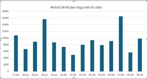 Stolpediagram som viser antall skritt per dag over en periode på 14 dager