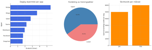 En visualisering av min skjermtid, fordeling av treningsøkter og gjennomsnittlige skritt per dag i januar og februar