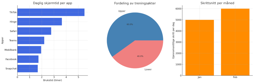 En visualisering av min skjermtid, fordeling av treningsøkter og gjennomsnittlige skritt per dag i januar og februar