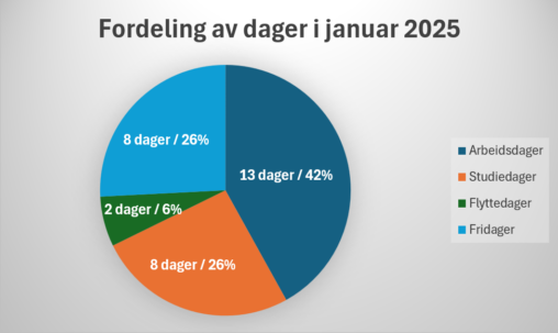 Sirkeldiagram av dager med jobb, skole, flytting og fri i januar 2025