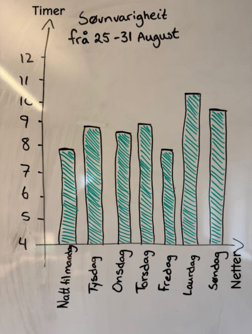 Dette er ei visualisering i form av eit stolpediagram som viser søvnen min frå 25. til 31. august. Dataa er samla inn automatisk gjennom mi eiga Garmin-klokke (vivoactive 5), og dei er personlege og eigd av meg. Dataa såg eg på appen connect som er kobla opp mot min garmin klokke.