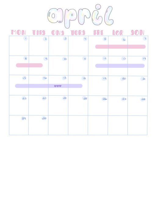 Oversikt over min menstruasjonssyklus for april, mai og juni 2024.