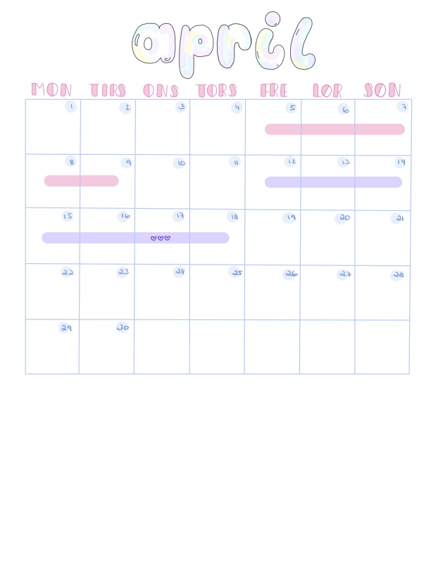 Oversikt over min menstruasjonssyklus for april, mai og juni 2024.