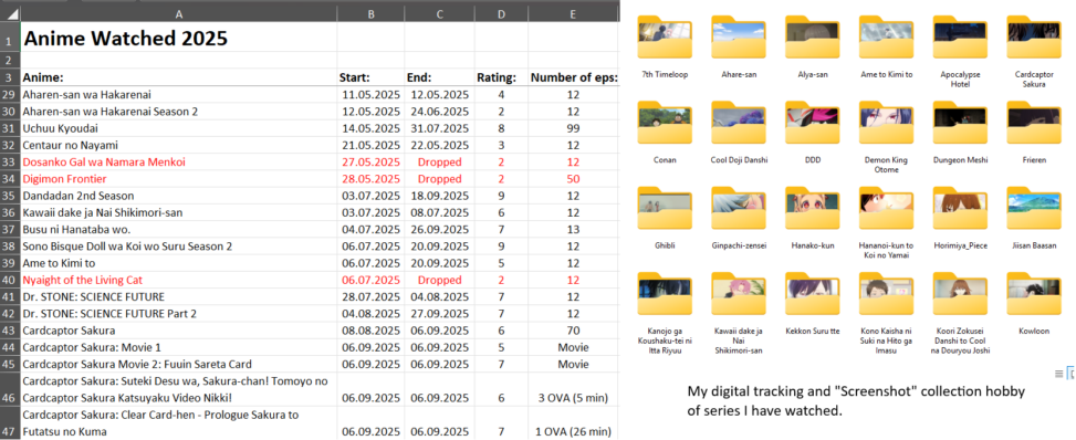 Digital tracking of TV series watched taken from an Excel document and multiple folders of screenshots from different series