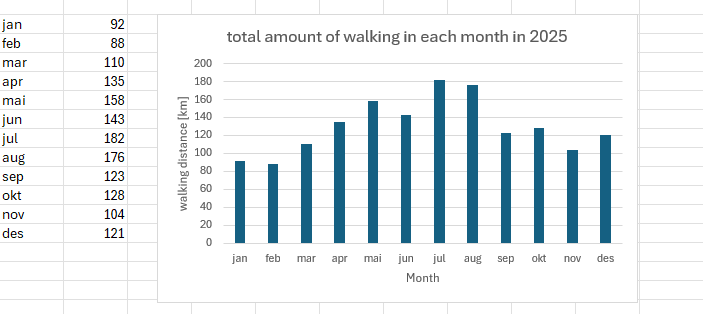 Total walking distance in each month in 2025