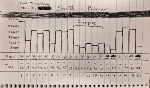My number of daily steps in February alongside the average temperature and weather of the given day