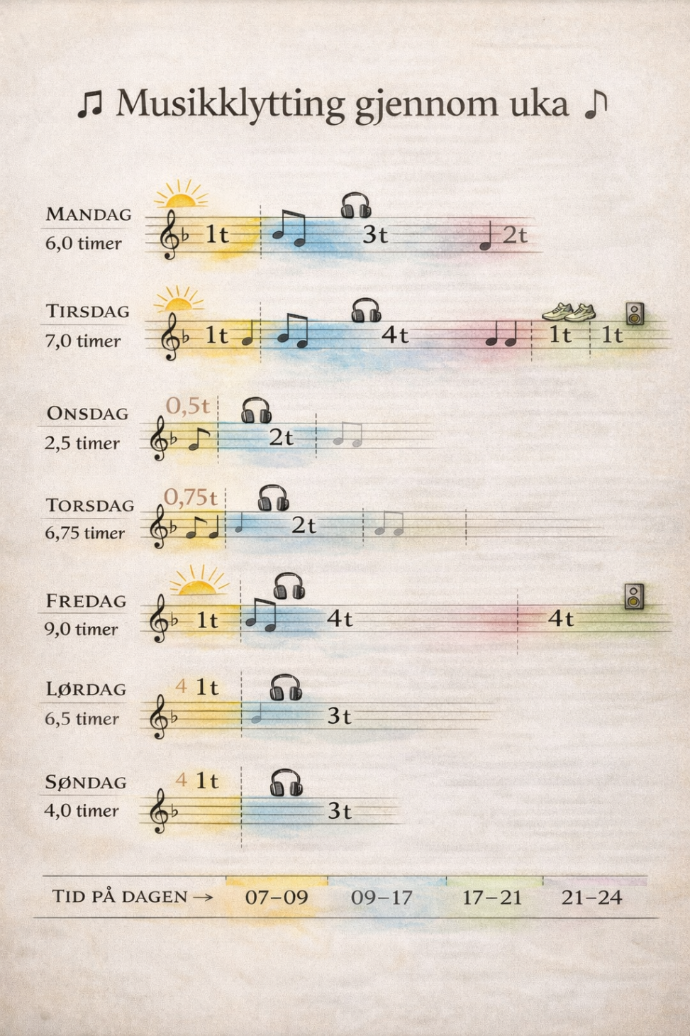 Bildet viser mine lyttevaner av musikk gjennom en normal uke.