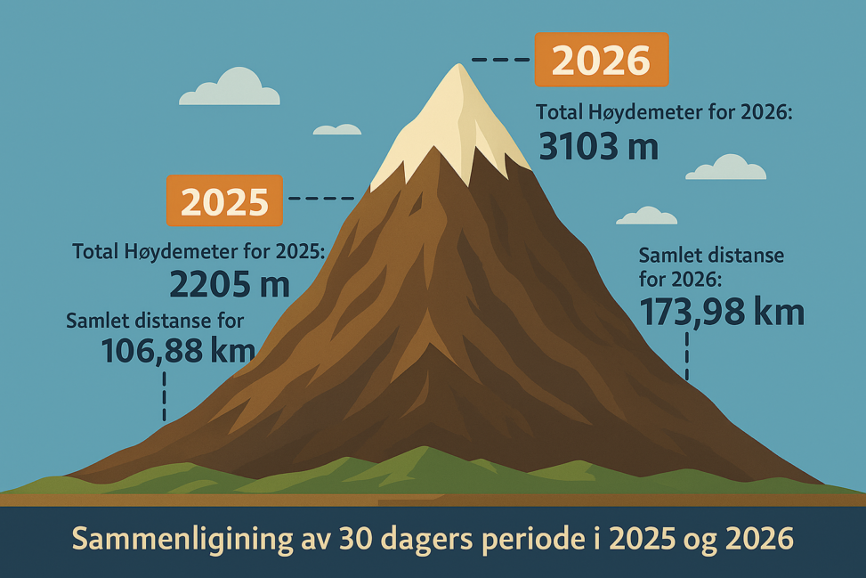 Visuell fremstilling av treningsmengde lagt ned samme periode i 2026 og 2025