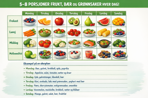 5-8 porsjoner frukt/grønt i løpet av en dag.