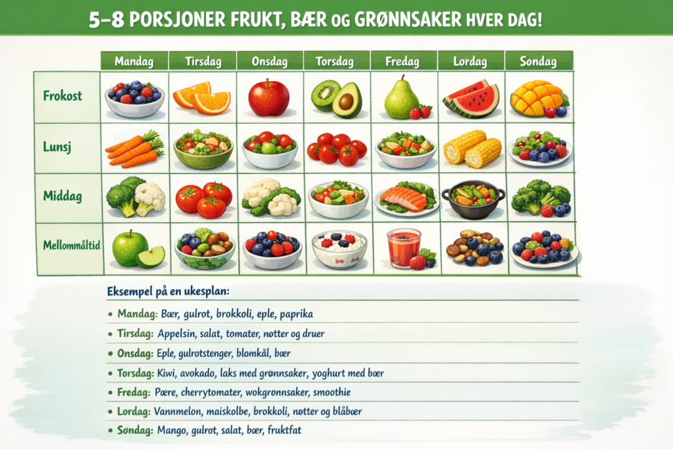 5-8 porsjoner frukt/grønt i løpet av en dag.