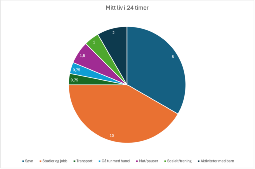 Sirkeldiagram som viser hvordan et døgn på 24 timer fordeler seg mellom søvn, studier og jobb, familie, pauser, transport og andre daglige aktiviteter.