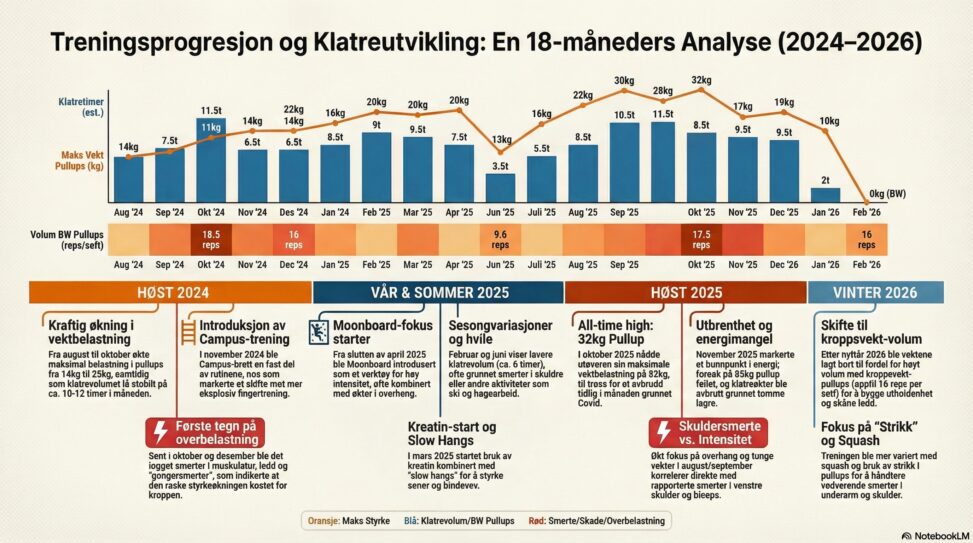 Climbing strength progression 2024–2026 with specialization and overtraining phases.