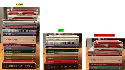 Bildet viser tre stabler med Jon-Fosse-bøker