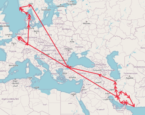 Map with travel route.