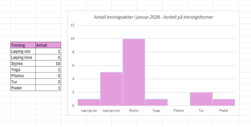 Dette er en oversikt av treningsøkter i januar 2026, fordelt på de ulike treningsformene jeg bruker.