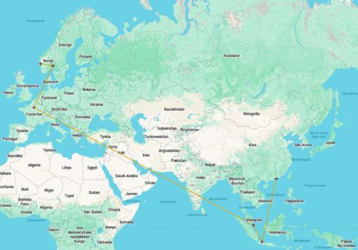 Kart som viser en reiserute med stjerner for flyplasser og linjer som representerer flyreiser