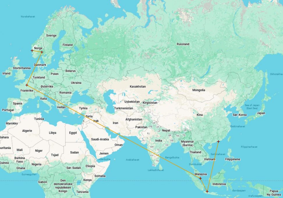 Kart som viser en reiserute med stjerner for flyplasser og linjer som representerer flyreiser