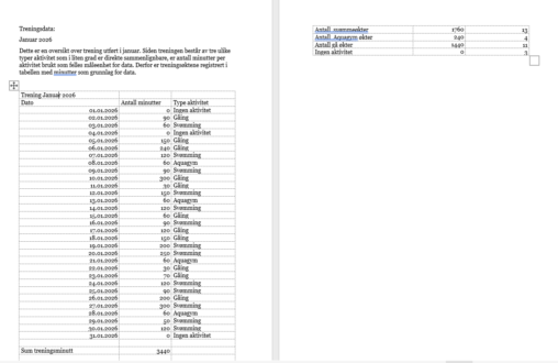 Data oversikt over alle treningsøkter i januar 2026