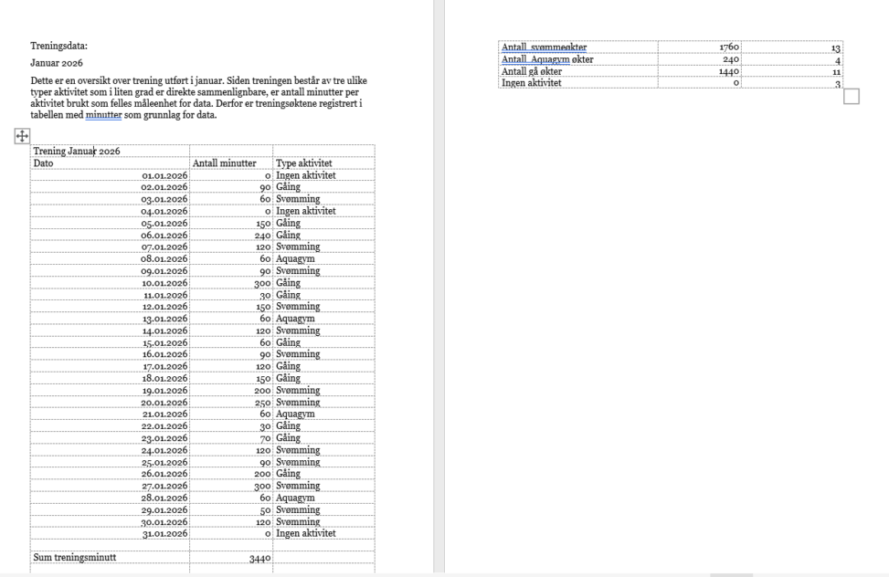 Data oversikt over alle treningsøkter i januar 2026