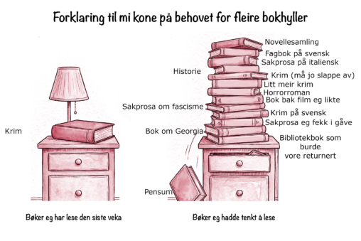 Bilete av to nattbord med bøker eg har lest den siste veka (ei krimbok) og bøker eg hadde tenkt å lese (ein heil haug), som forklaring til mi kone på behovet for fleire bokhyller