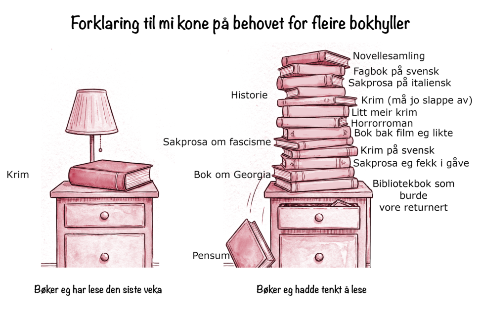 Bilete av to nattbord med bøker eg har lest den siste veka (ei krimbok) og bøker eg hadde tenkt å lese (ein heil haug), som forklaring til mi kone på behovet for fleire bokhyller