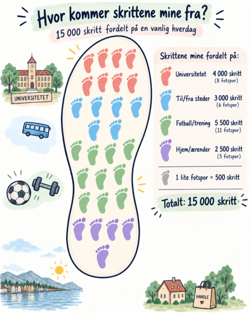 Data visualization showing where 15,000 daily steps come from, divided between university, travelling between places, football/training, and home/errands. One footprint represents 500 steps.