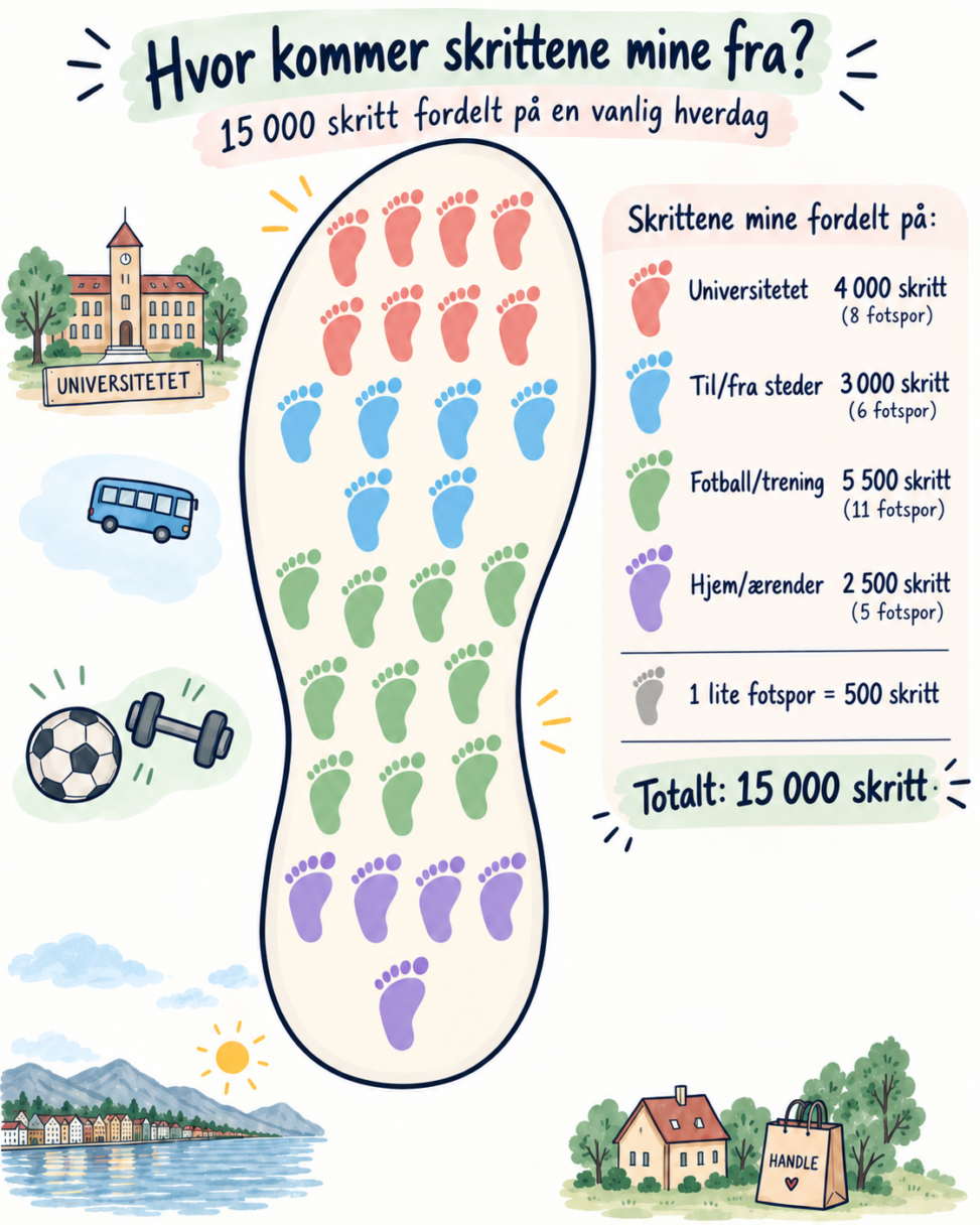 Data visualization showing where 15,000 daily steps come from, divided between university, travelling between places, football/training, and home/errands. One footprint represents 500 steps.