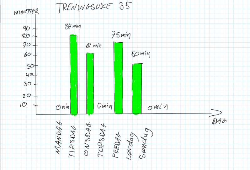 Søylediagram som viser antall treningstimer per dag i uke 35, målt i timer.