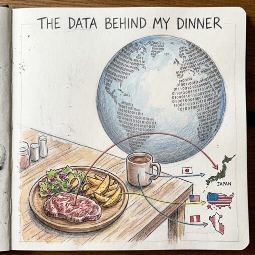 A notebook sketch drawn with colored pencils showing a dinner plate with wagyu beef, fries, and salad, alongside a mug of cocoa. Lines connect each item to country outlines and flags (Japan for the beef, the USA for the fries, and Peru for the cocoa), set against a background digital globe made of binary code (0 and 1) with the title \